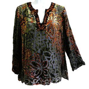 Chicos Burnout VeLVeT SiLK Black Multi Juniper Curry Tunic Beaded Peasant Boho